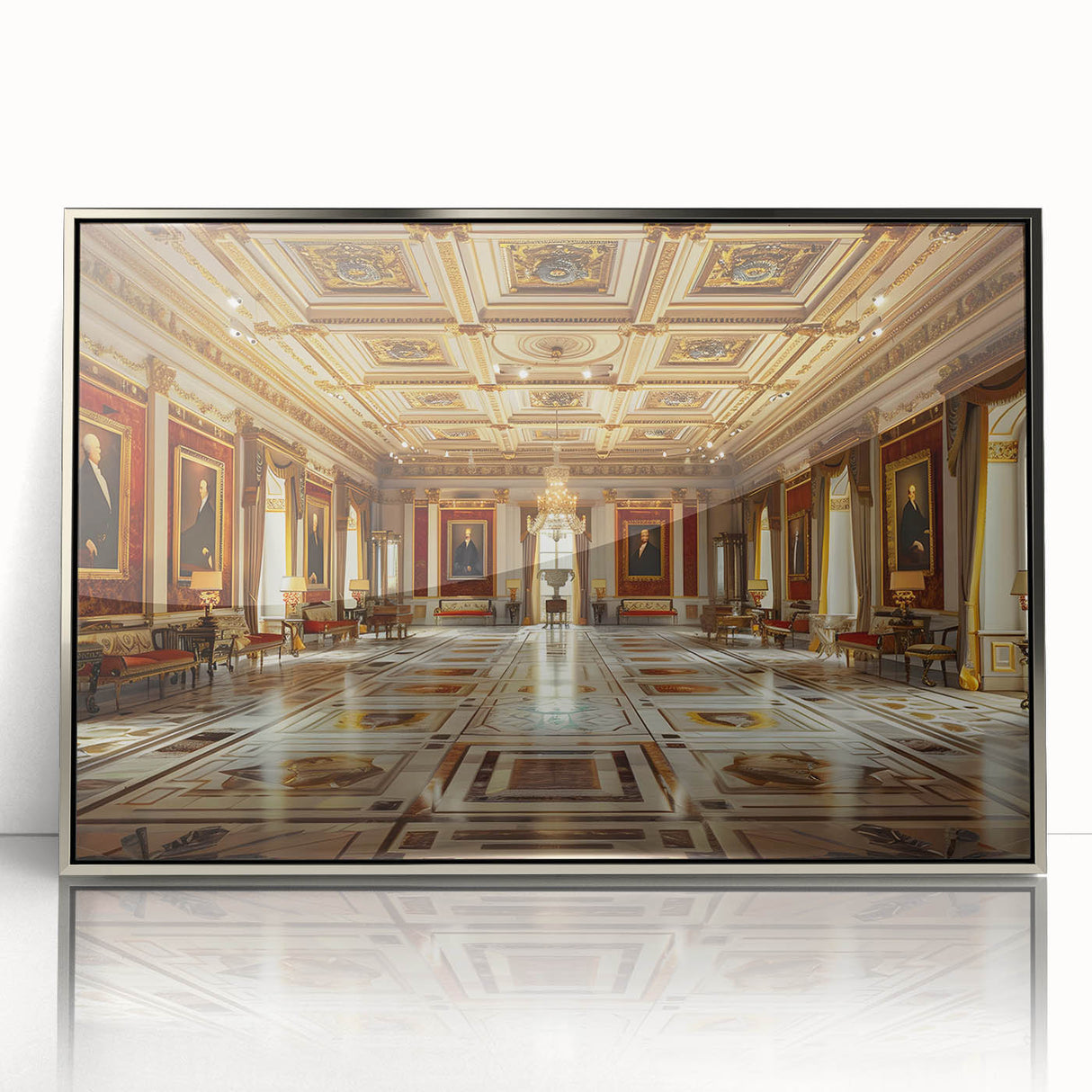 Art Deco-style palace architecture in silver framed acrylic, ideal for modern art wall decor or a nursery.