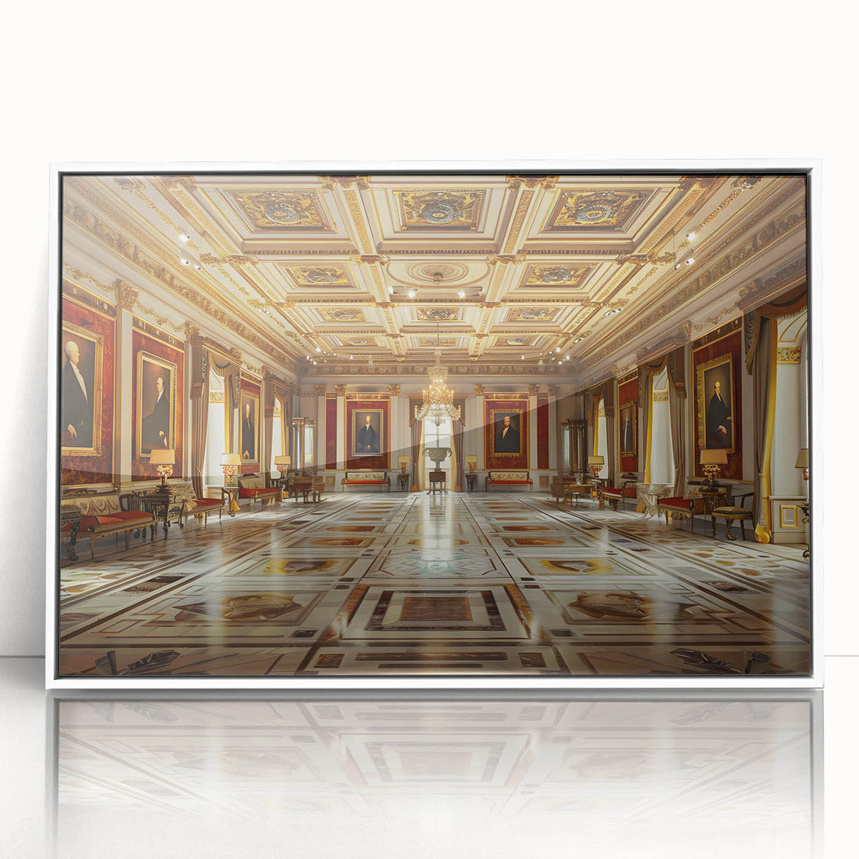 Large art print of a mid-century modernist palace in muted colors on framed acrylic, suitable for modern art wall decor.