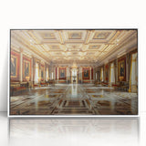 Large art print of a mid-century modernist palace in muted colors on framed acrylic, suitable for modern art wall decor.