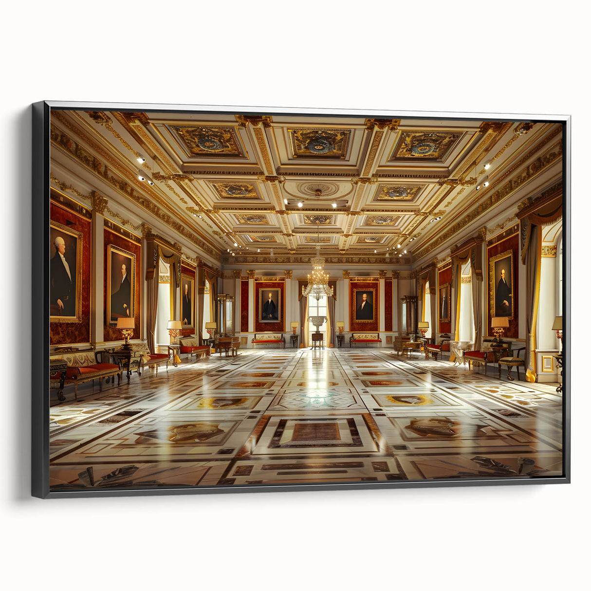 Black and white vintage poster art of a palace landscape on framed canvas, suitable for bedroom decoration.