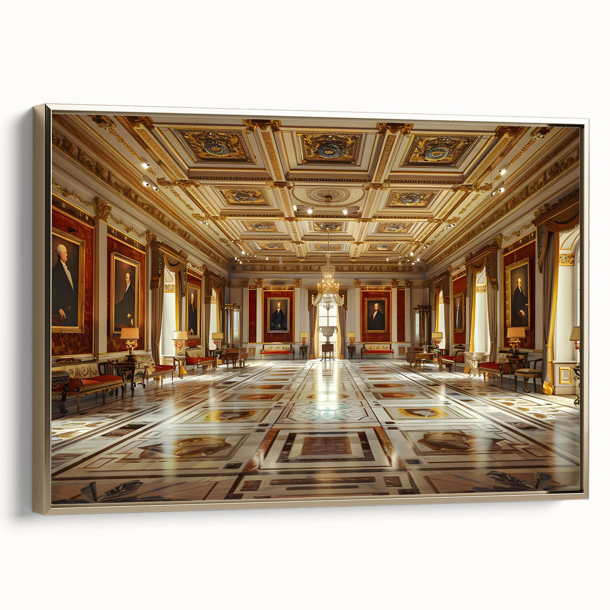 Framed canvas featuring a vintage palace design in black with colorful accents, ideal for enhancing living room decor.