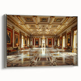 Vintage poster art of a palace in muted silver and black tones on extra large framed canvas, suitable for living room decor.