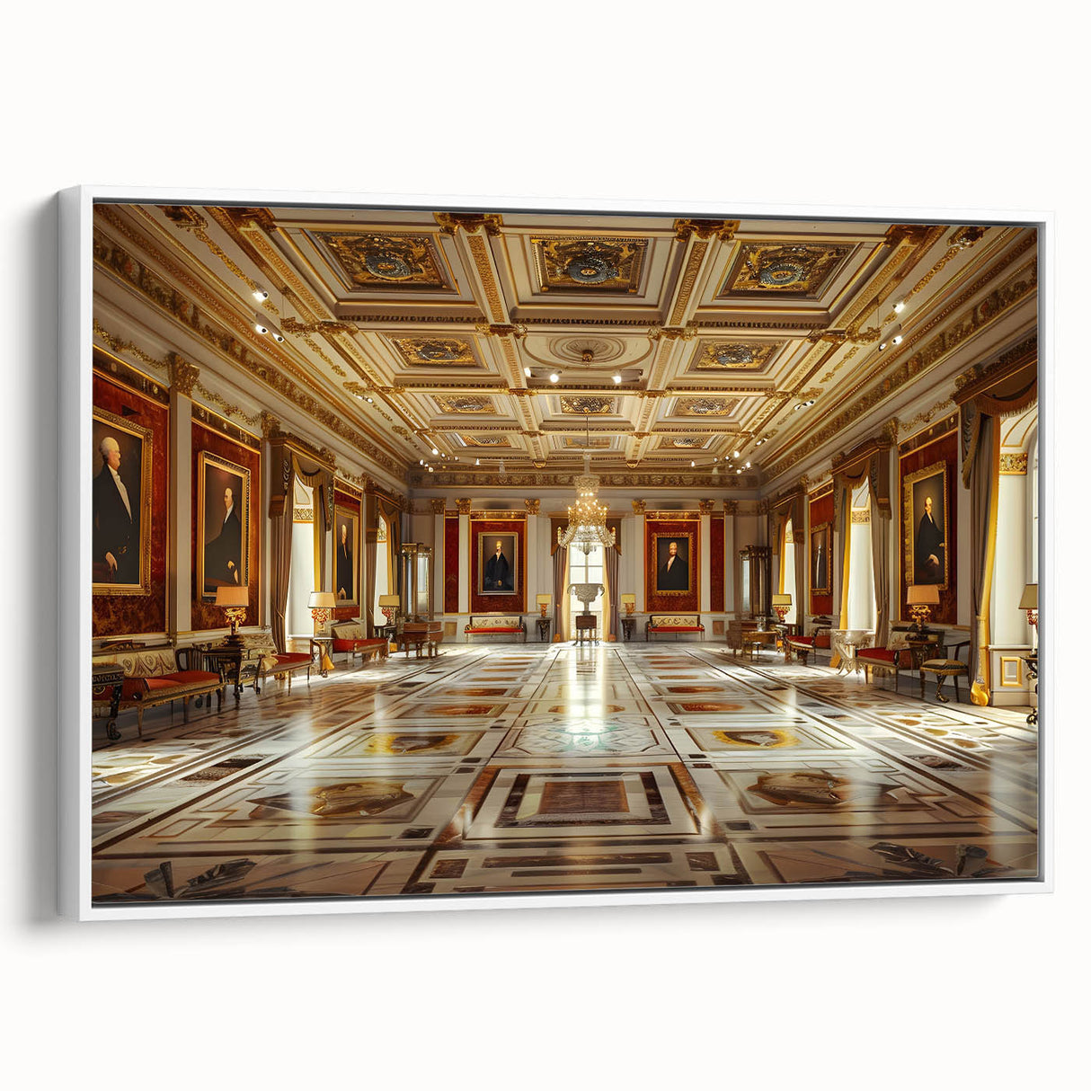 Framed canvas of a vintage palace design in muted black and gray tones, ideal for bedroom wall art.