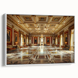 Framed canvas of a vintage palace design in muted black and gray tones, ideal for bedroom wall art.