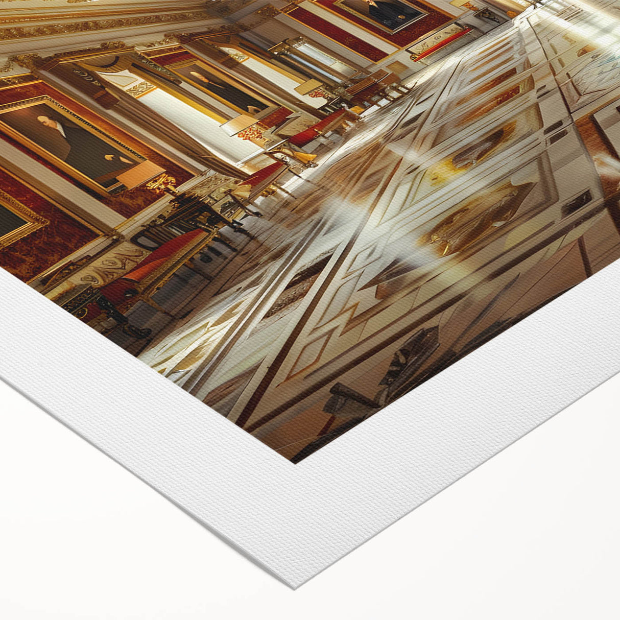 Art deco poster of a palace architecture in monochrome tones on rolled canvas, suitable for dining room wall art.