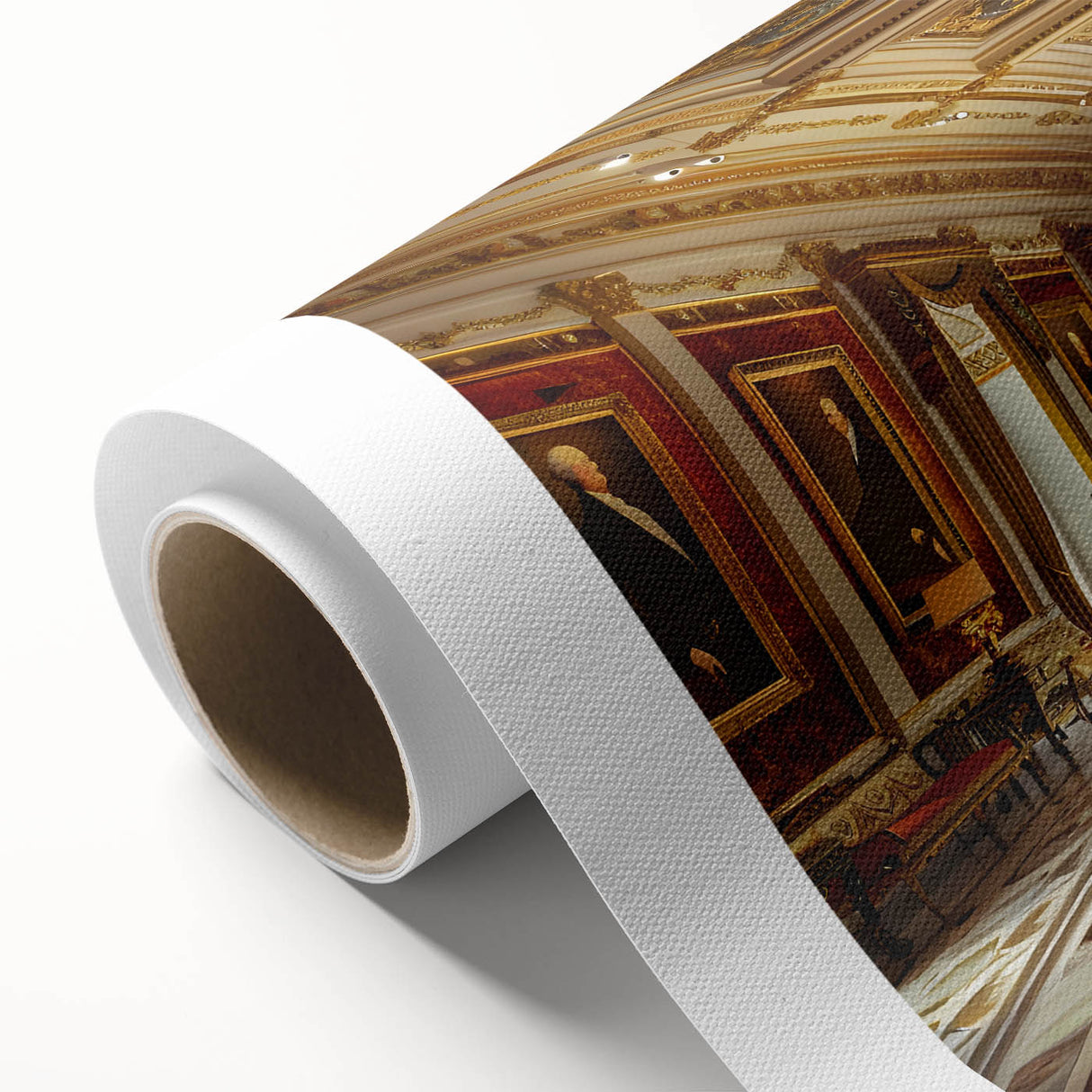 Art deco poster of a palace architecture in monochrome shades, printed on rolled canvas.