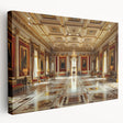 Side view of a large stretched canvas featuring an intricate palace architecture design in neutral tones.