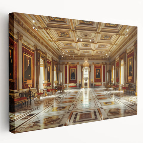 Side view of a large stretched canvas featuring an intricate palace architecture design in neutral tones.