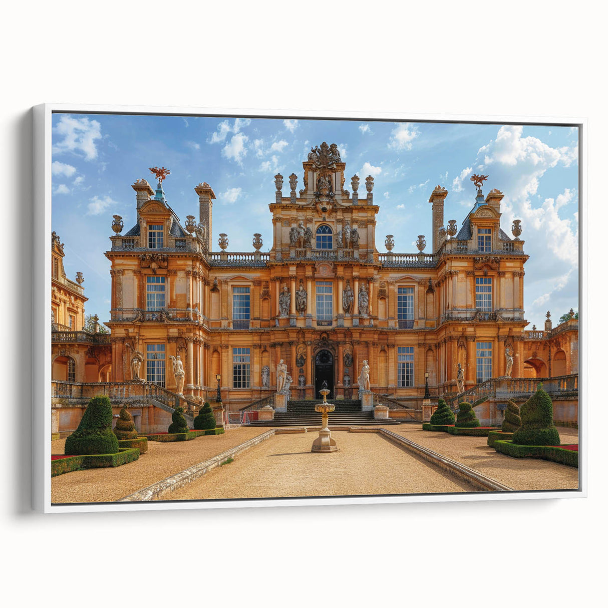 Framed canvas featuring a vintage poster of a palace in muted black and white tones, ideal for bedroom wall decor.