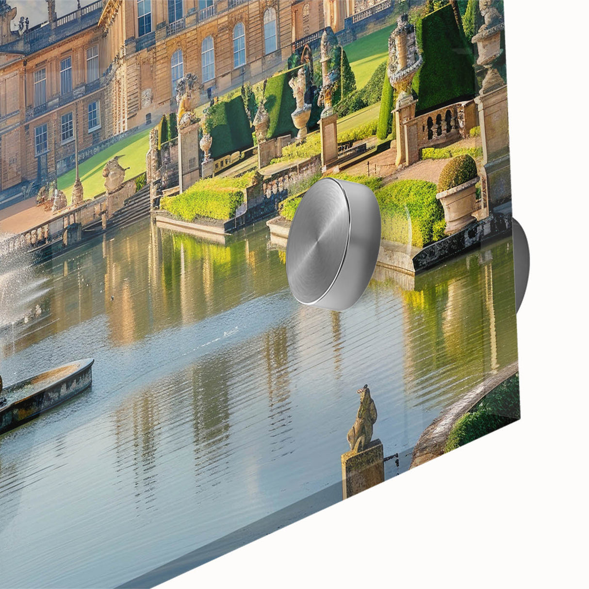 Large abstract wall art depicting a mid-century modernist palace design in muted earth tones on acrylic glass.