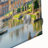 Large abstract wall art depicting a mid-century modernist palace design in muted earth tones on acrylic glass.