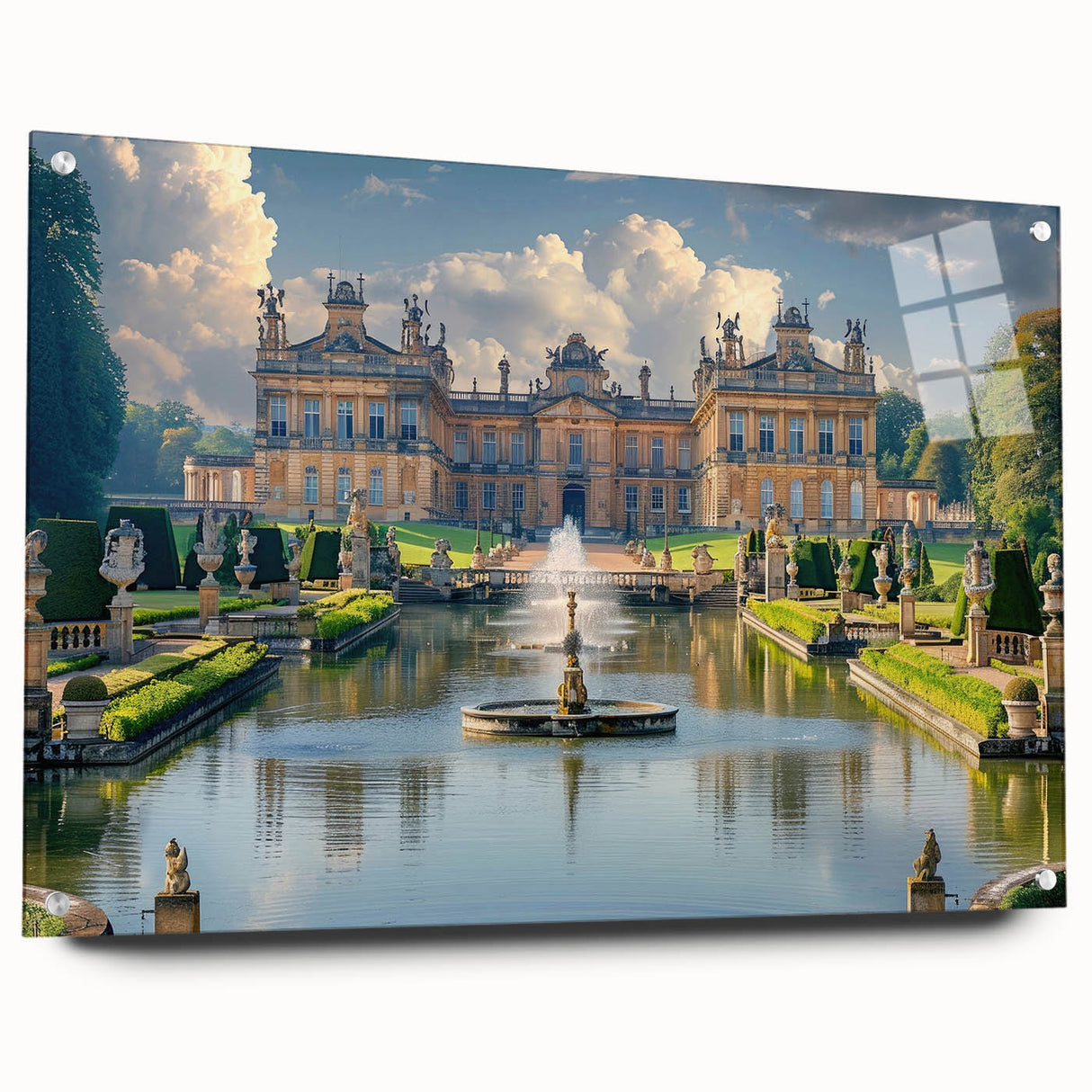 Large abstract wall art on acrylic glass depicting a modern palace design in neutral tones.