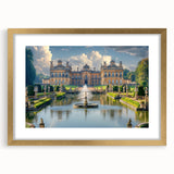 Textured art print of an abstract palace design in gold and beige tones on a framed canvas, suitable for bedroom decor.
