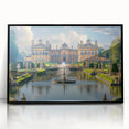 Large abstract wall art featuring a mid-century modernist palace design in black and gray tones on framed acrylic.