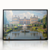Large abstract wall art featuring a mid-century modernist palace design in black and gray tones on framed acrylic.