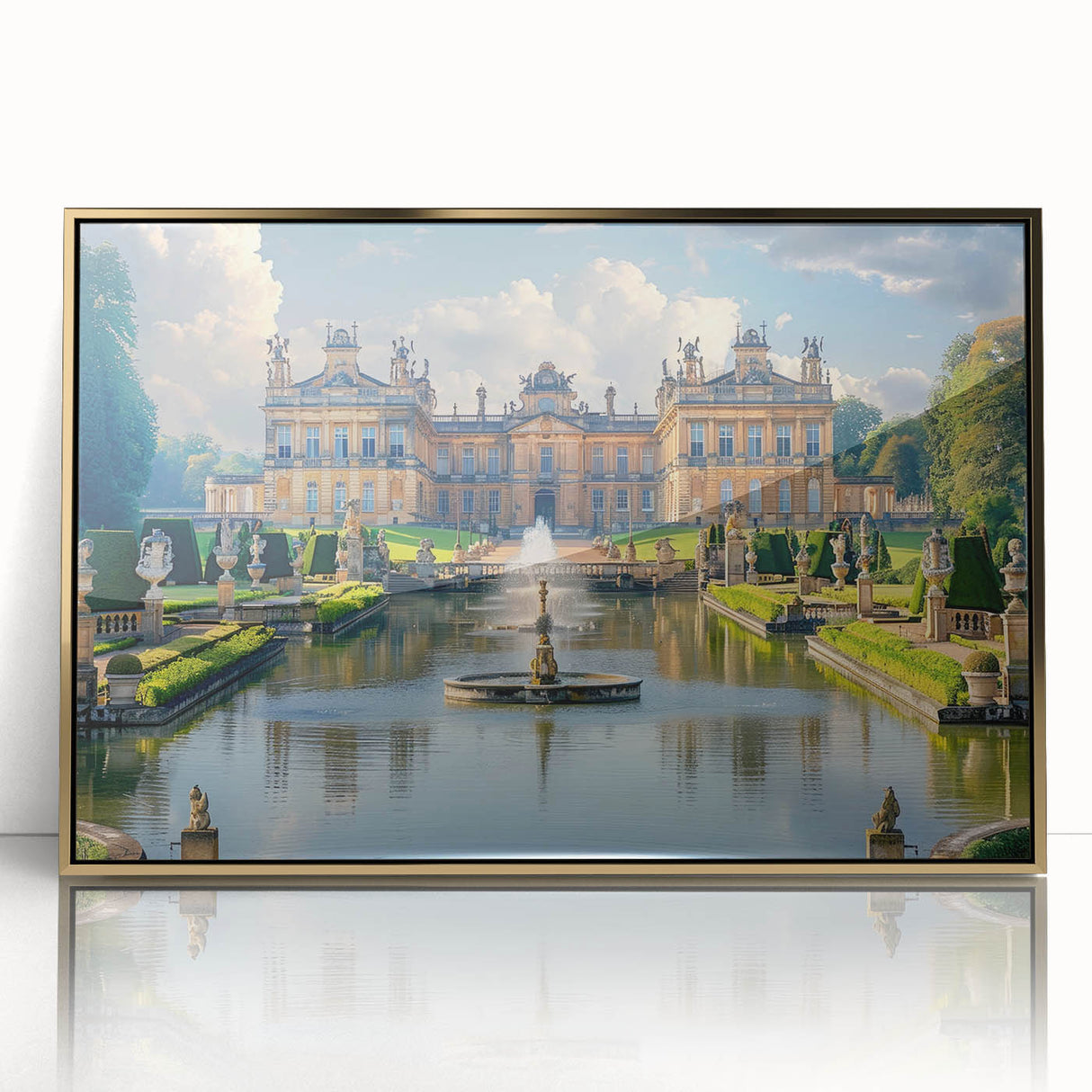 Mid-century modernist art deco poster depicting an architectural palace in gold and black tones on acrylic.