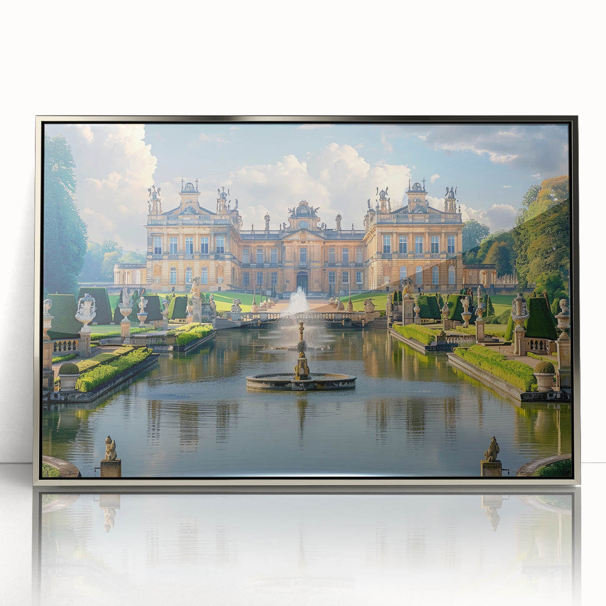 Art Deco style palace architecture in silver frame, acrylic print, ideal for modern nursery wall art.