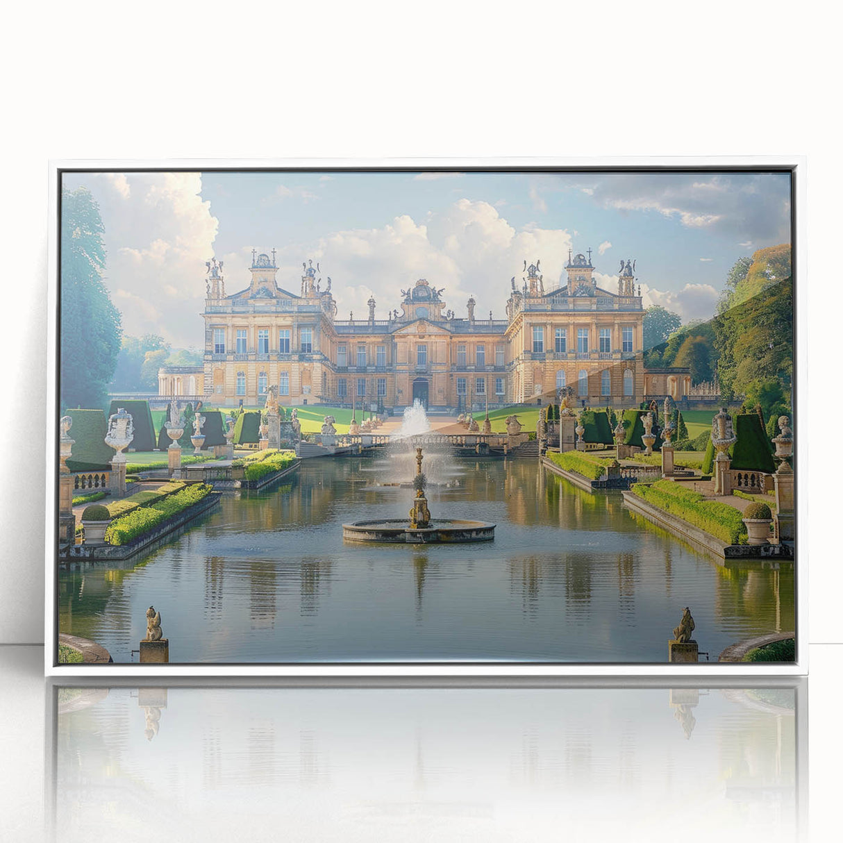 Large art print of a mid-century modernist palace in muted gray and white tones, acrylic framed.