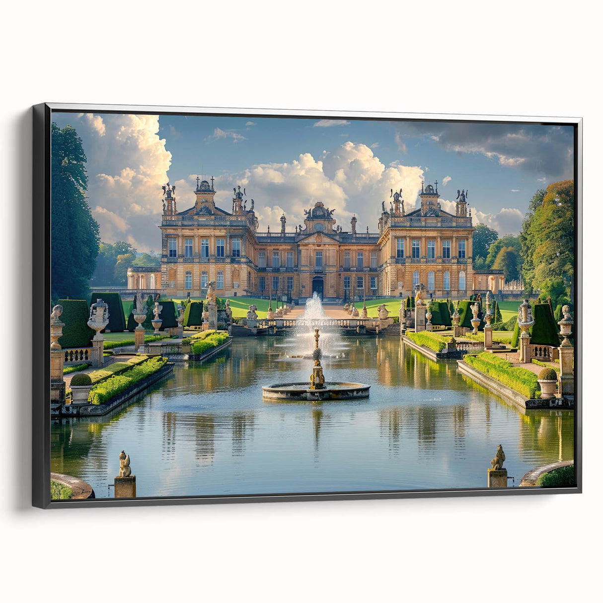 Black and white vintage poster art of a palace landscape on framed canvas, suitable for bedroom decor.