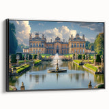 Black and white vintage poster art of a palace landscape on framed canvas, suitable for bedroom decor.