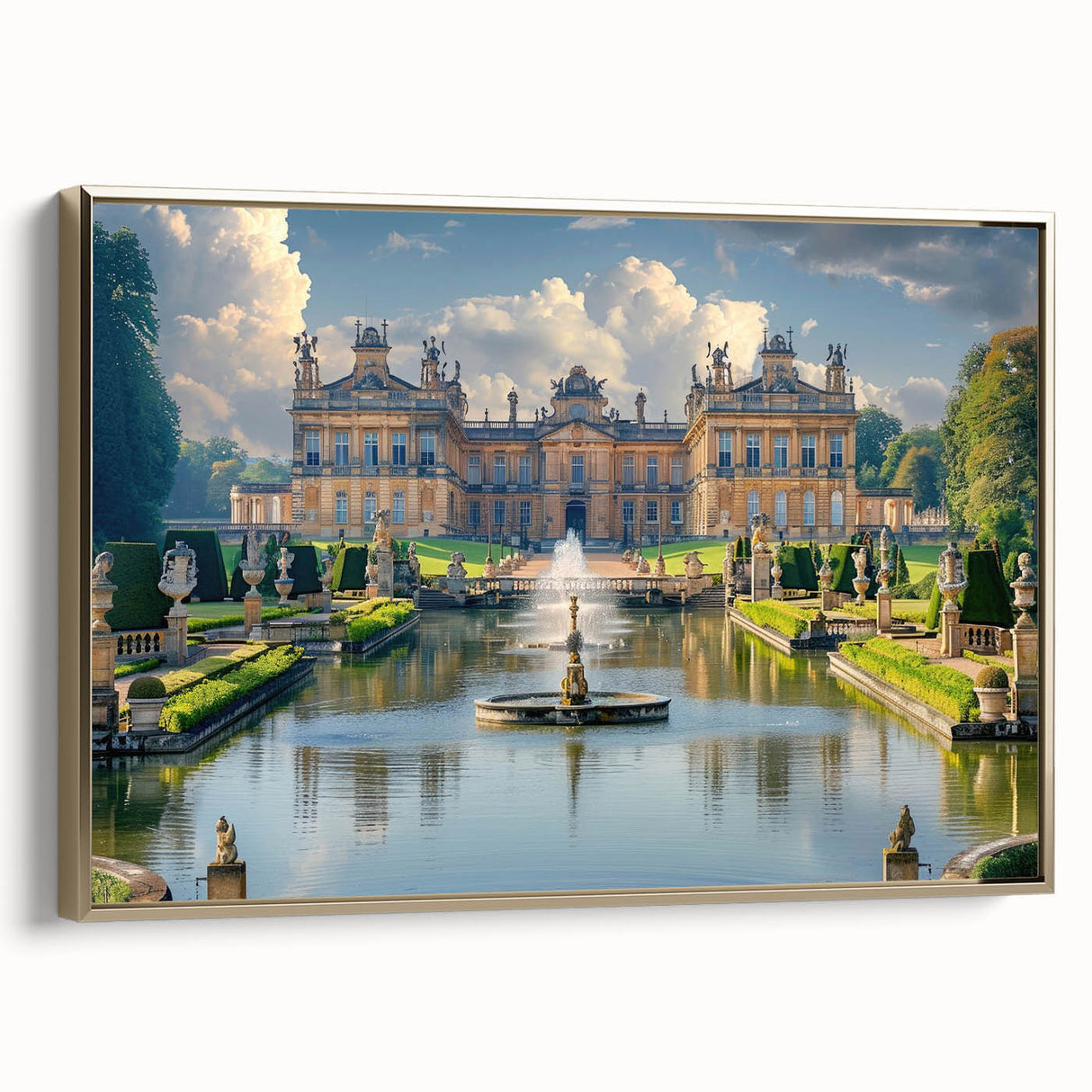 Framed canvas of a vintage palace landscape painting in muted gold and black tones.