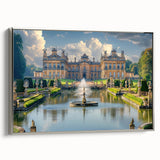 Vintage poster art of a palace architecture in muted colors on a framed canvas, ideal for living room decor.