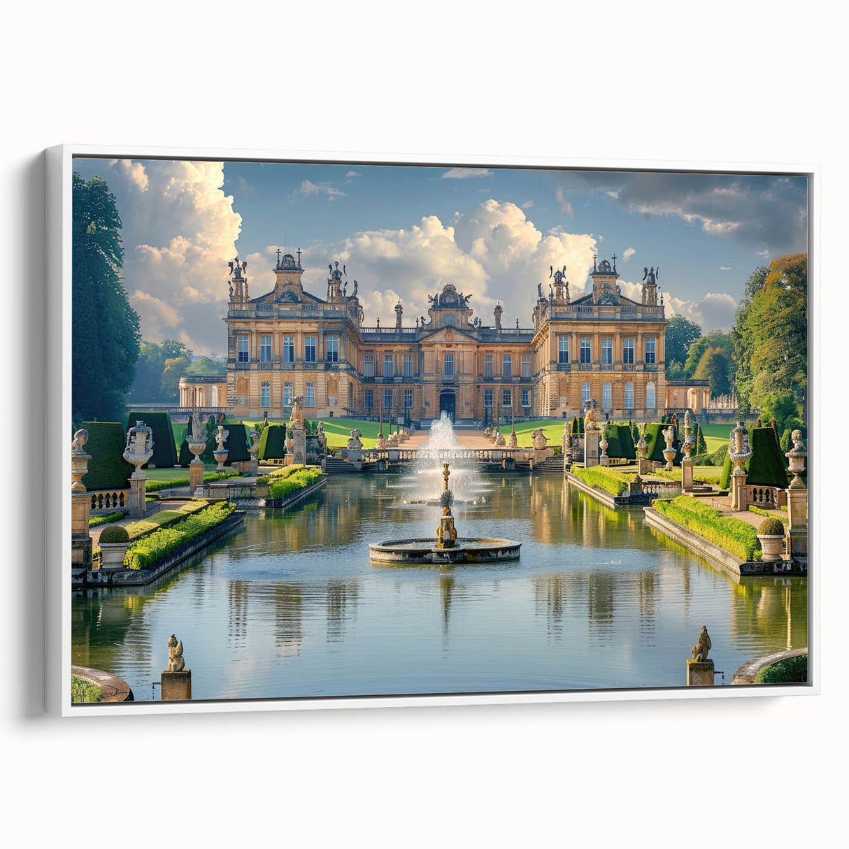 Framed canvas of a vintage-style black and white palace design, ideal for bedroom wall art.