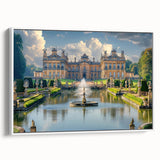 Framed canvas of a vintage-style black and white palace design, ideal for bedroom wall art.