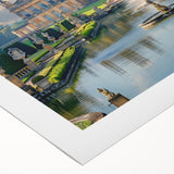 Art deco poster of a palace, in muted gold and white tones on rolled canvas, ideal for dining room decor.