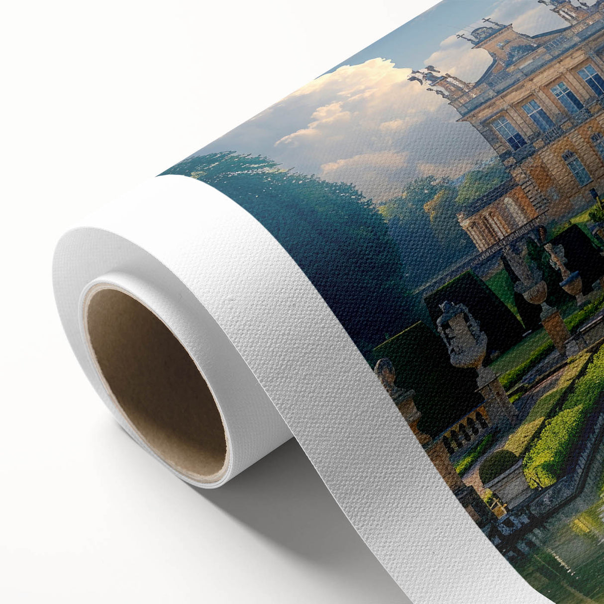 Art Deco style poster of a palace architecture, in muted gold and ivory tones on rolled canvas, ideal for nursery wall art.