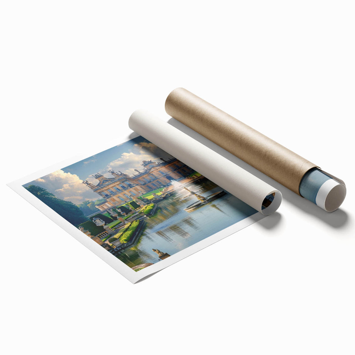 Extra large rolled print of a palace with detailed floral designs in muted earth tones, ideal for classy bathroom wall art.