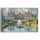 Large black and white photo of a grand palace on stretched canvas, ideal for kitchen wall art.