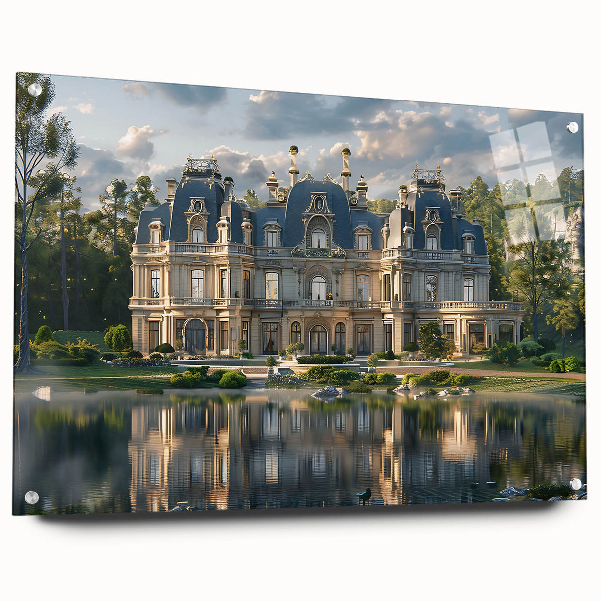 Large abstract wall art on acrylic glass depicting a modern palace design in neutral tones.