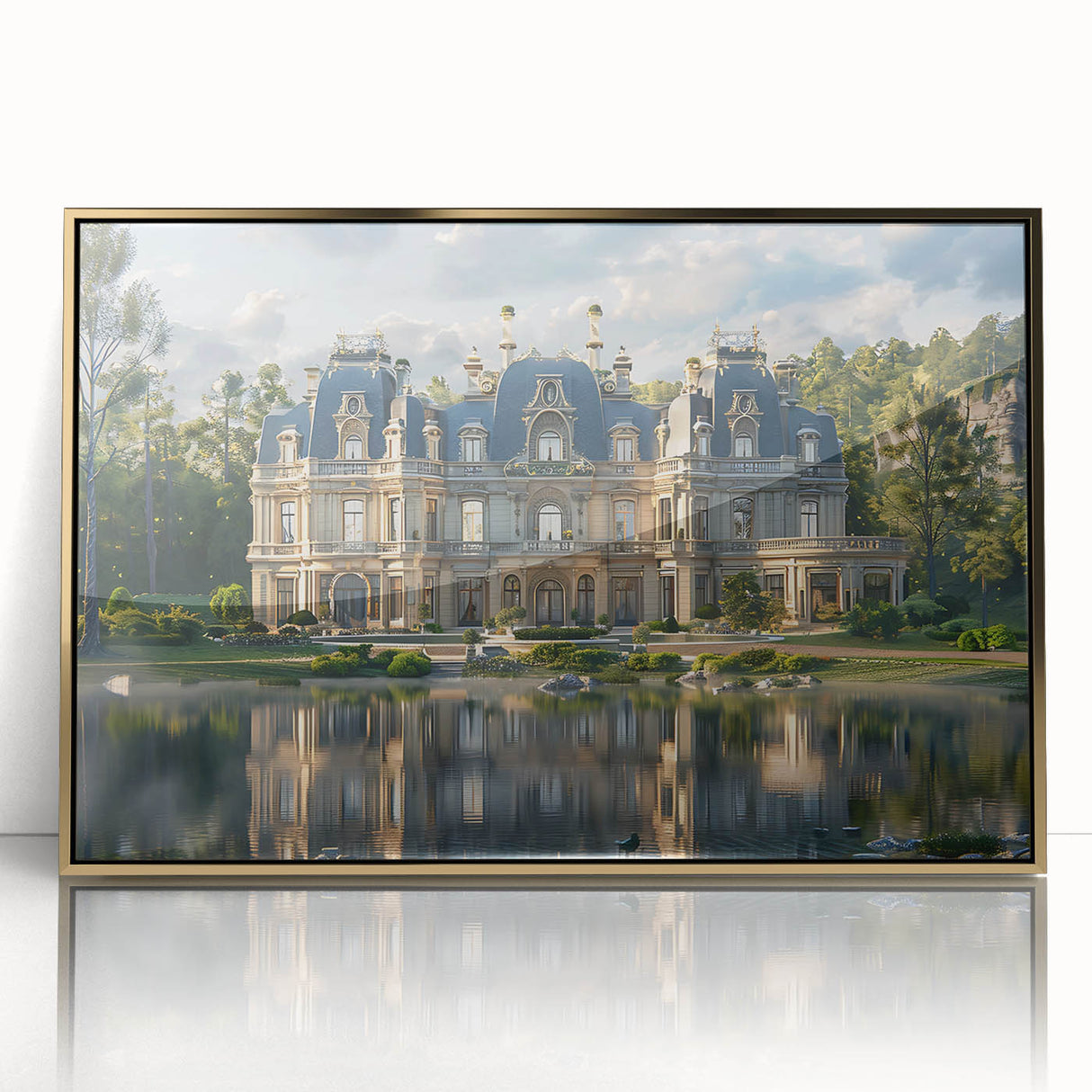 Mid-century modernist art of a palace, in gold and white hues, framed acrylic, ideal for nursery wall decor.