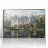 Large art print of a mid-century modernist palace design in muted beige and white, framed acrylic.