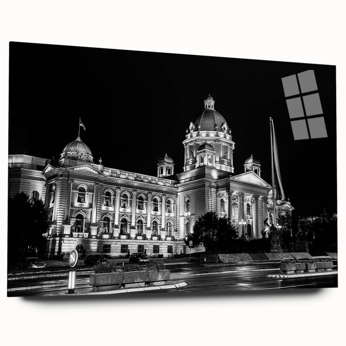 Large abstract wall art on acrylic glass depicting a modern palace design in muted gray tones.