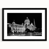 Extra large abstract art print featuring a colorful, textured depiction of a palace, on a black framed canvas.