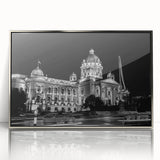 Art deco poster of a palace architecture in silver frame, acrylic print, ideal for modern art wall decor.