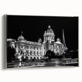 Framed canvas of vintage poster art featuring a palace design in colorful art on black background.