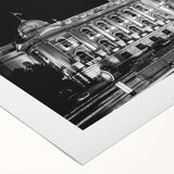 Art deco poster featuring a geometric palace design in muted gold and black on rolled canvas, suitable for dining room decor.