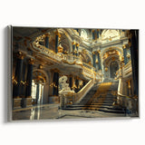 Vintage poster art of a palace design in colorful hues on a large framed canvas, suited for living room decor.