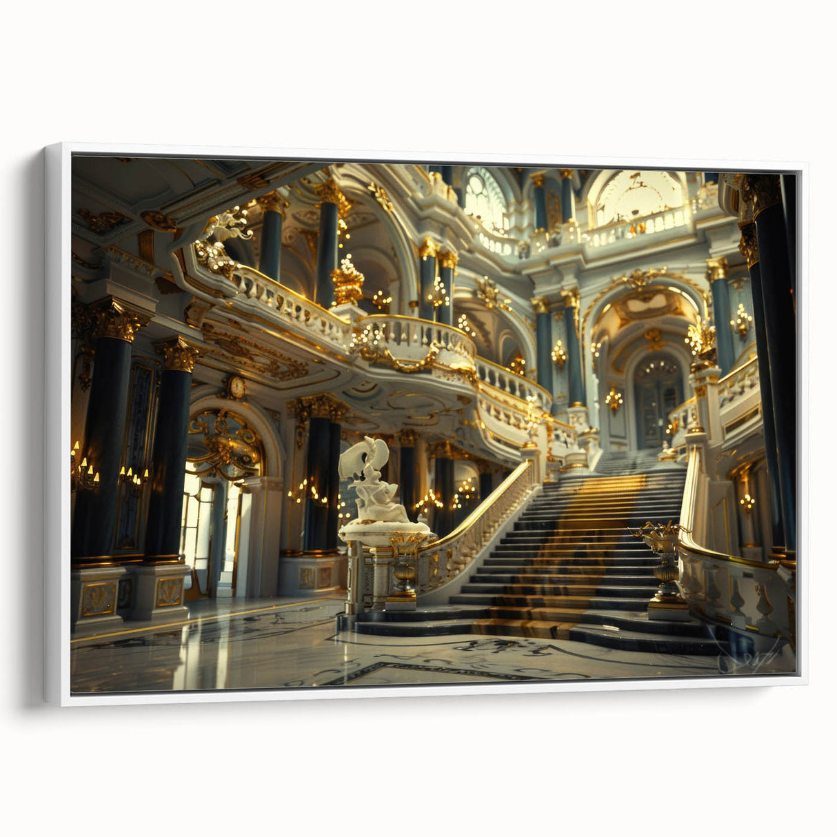 Framed canvas of a black and white vintage palace design, ideal for bedroom wall art.