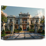 Large abstract wall art on acrylic glass depicting a detailed palace design in neutral tones.