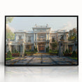 Large abstract wall art depicting a mid-century modernist palace design in black and white tones, framed in acrylic.