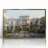 Mid-century modernist art of a palace with gold and blue tones on a framed acrylic print, suitable for nursery wall art.