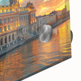 Large abstract wall art on acrylic glass featuring a mid-century modernist palace design in muted earth tones.