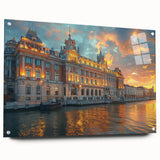 Large abstract wall art depicting a palace design in muted gold and gray tones on acrylic glass.