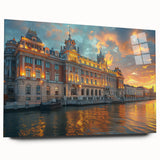 Large abstract wall art on acrylic glass, featuring geometric patterns in muted gray and blue tones.