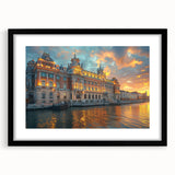 Extra large abstract art print featuring a colorful, textured depiction of a palace, framed in black.