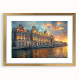 Textured abstract art print of a palace, in muted gold and beige tones, framed with a gold mat, ideal for bedroom decor.